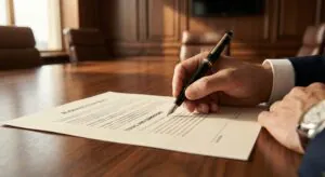 Business executive reviewing contract terms and conditions to decide whether to lease or buy a copier.